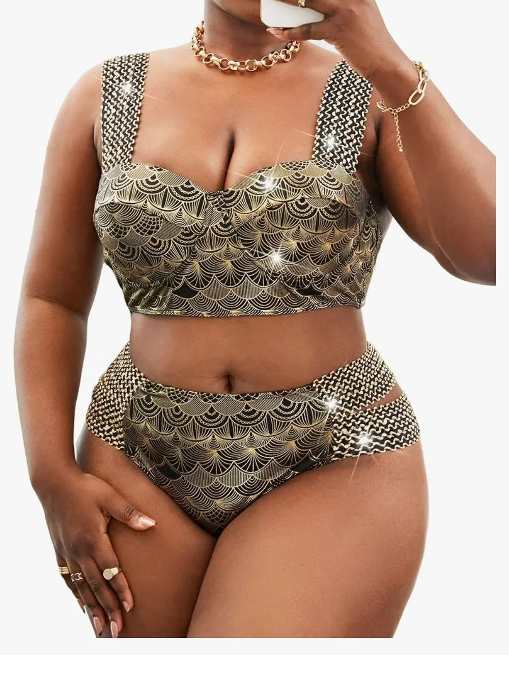 4XL Women’s Metallic Black & Gold High-Waist Bikini Set